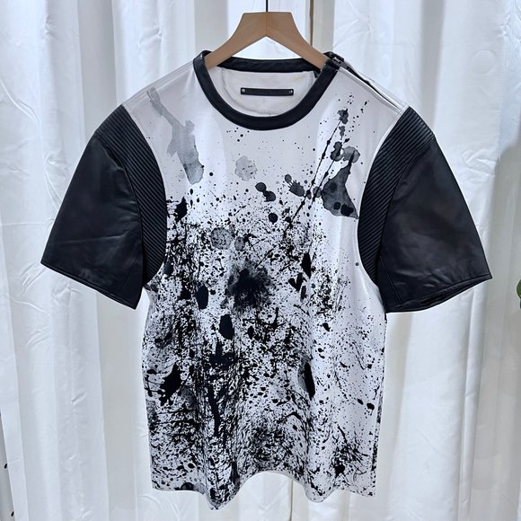 Daniel Won Abstract Print Mixed Media Polyester Lambskin Leather Sleeve Shirt. - Picture 1 of 12